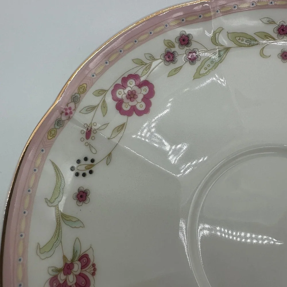 Grace Teaware Pink Floral Fine Porcelain Saucer Gold Trim Scalloped Edge 6 inch